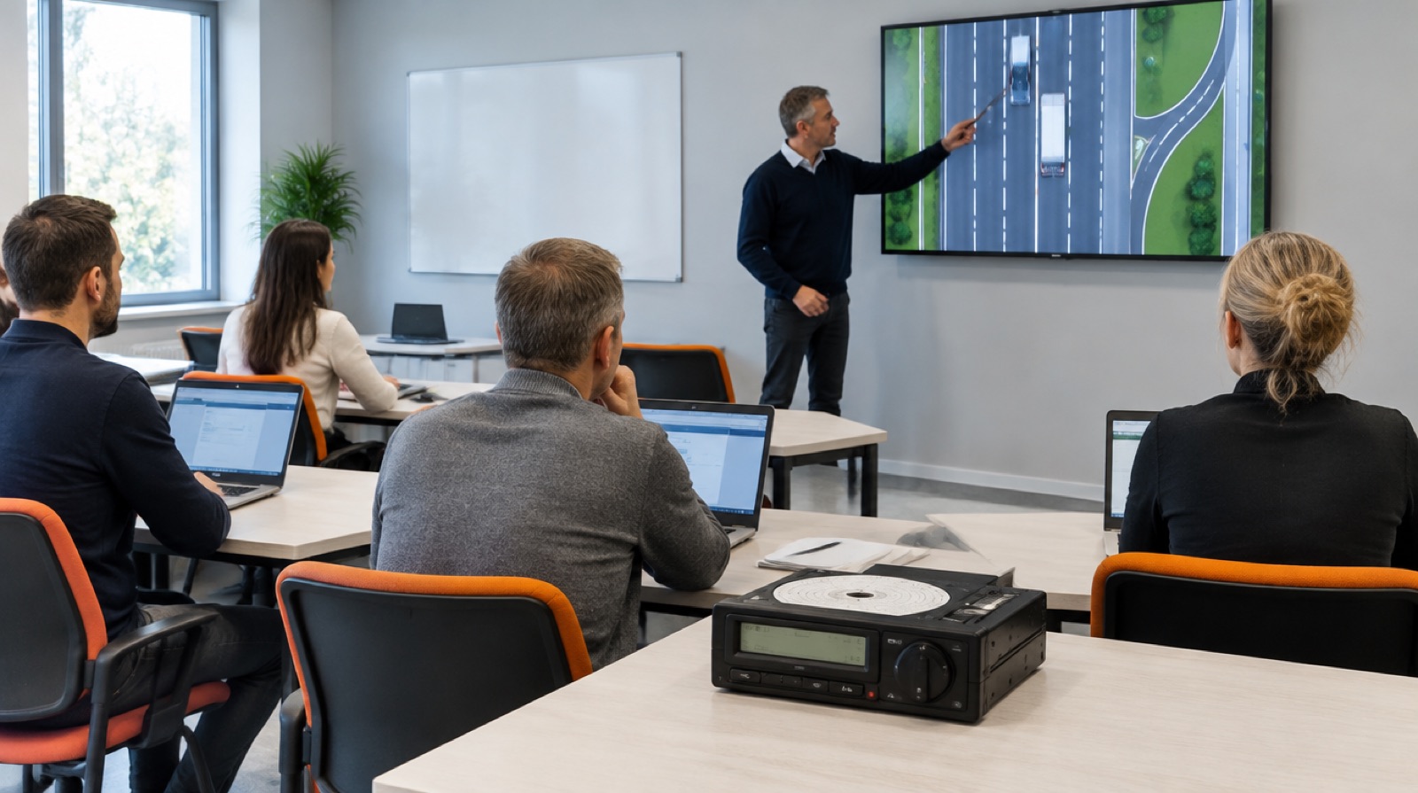 Driver training classroom with tachograph simulator