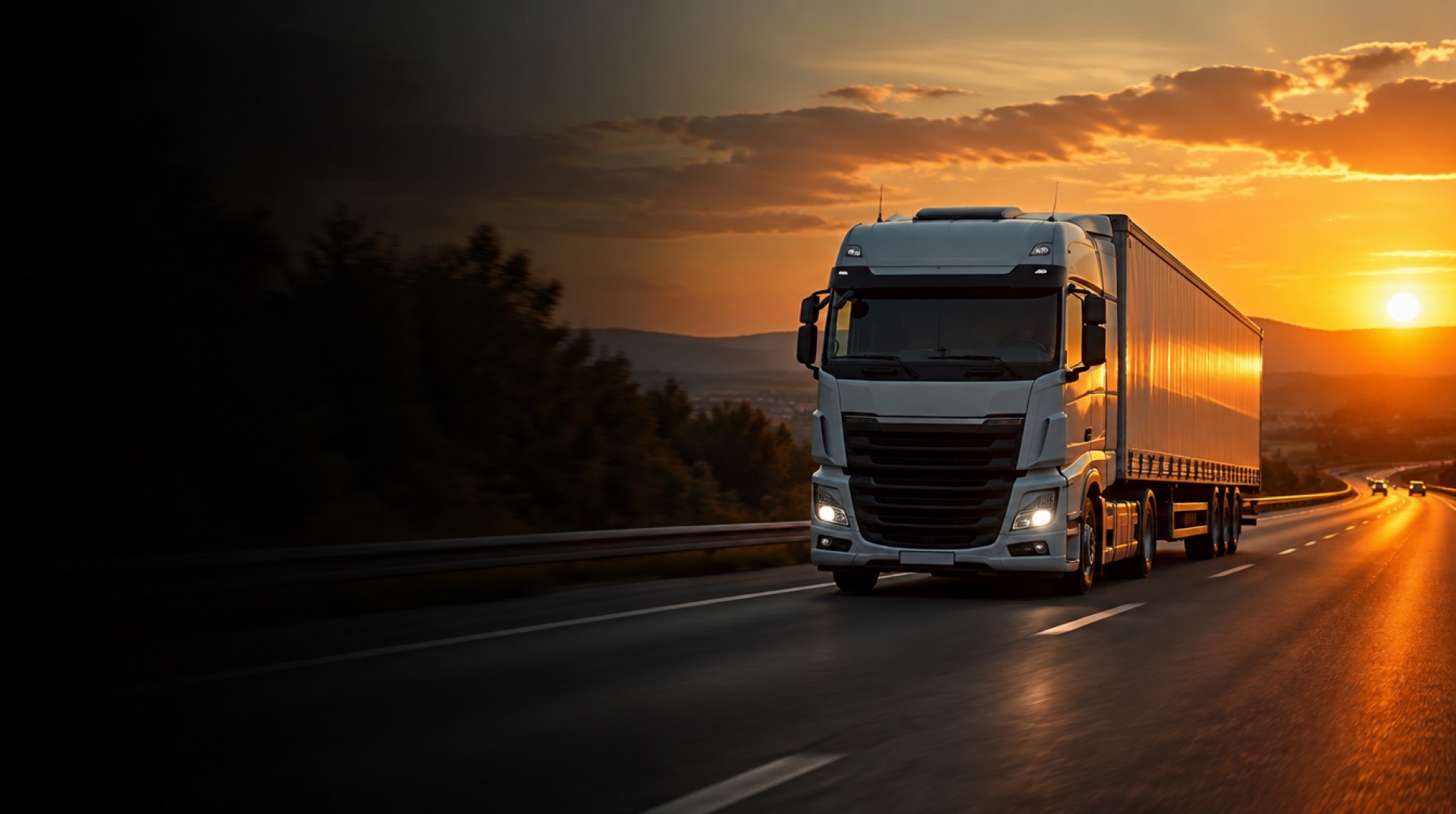 Truck on a European motorway at sunset